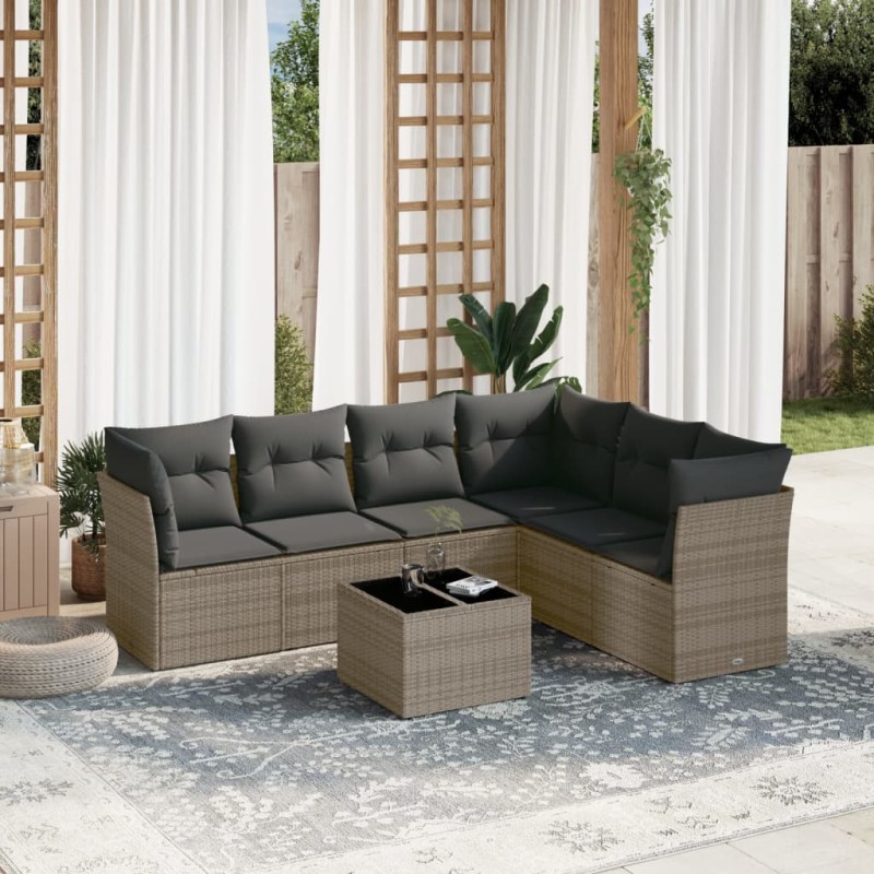 vidaXL Set de sofás de jardín 7 piezas con cojines ratán PE gris vidaXL Set de sofás de jardín 7 piezas con cojines ratán PE gris