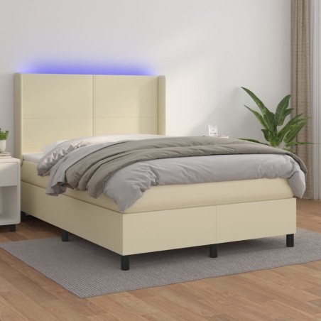 vidaXL Cama box spring colchón y LED cuero sintético crema 140x190 cm