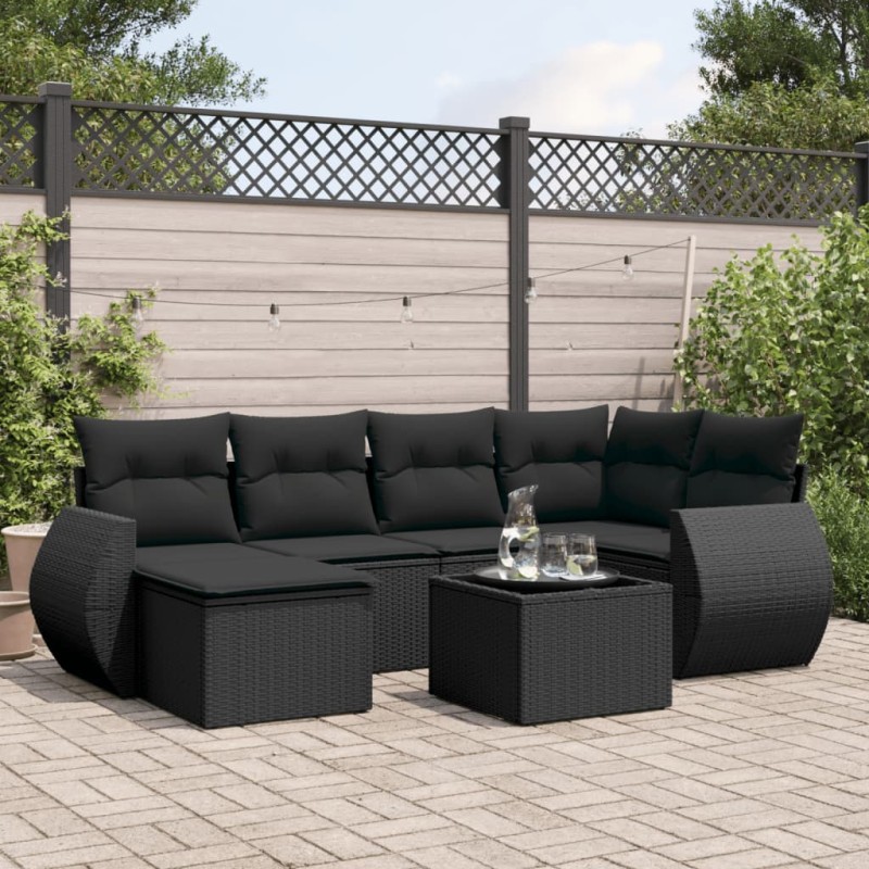 vidaXL Set de comedor de jardín 7 pzas y cojines ratán sintético negro vidaXL Set de comedor de jardín 7 pzas y cojines ratán sintético negro