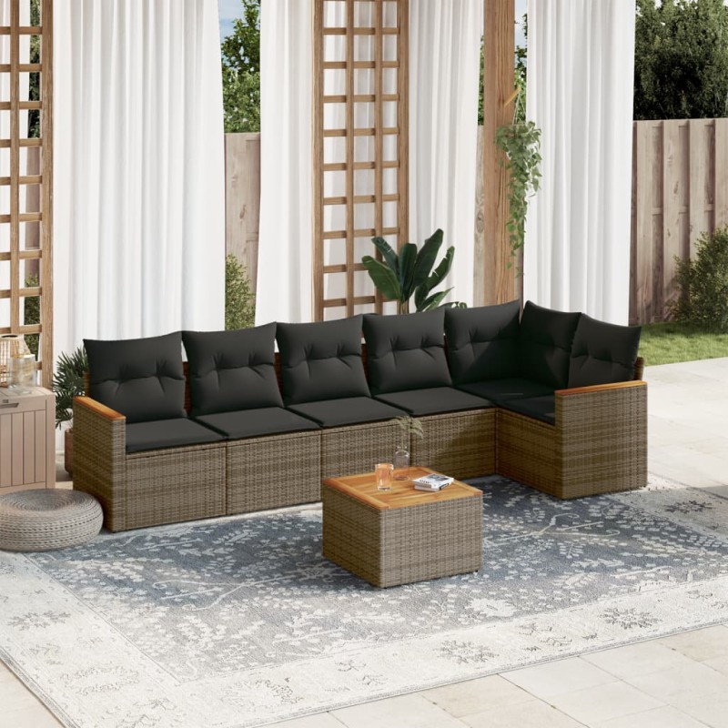 vidaXL Set de sofás de jardín 7 piezas con cojines ratán PE gris vidaXL Set de sofás de jardín 7 piezas con cojines ratán PE gris