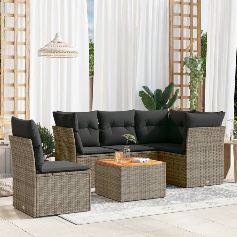 vidaXL Set de muebles de jardín 6 pzas y cojines ratán sintético gris vidaXL Set de muebles de jardín 6 pzas y cojines ratán sintético gris
