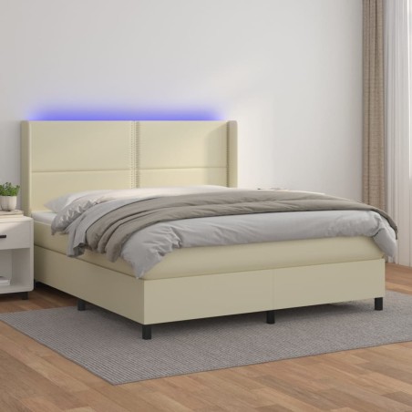 vidaXL Cama box spring colchón y LED cuero sintético crema 180x200 cm