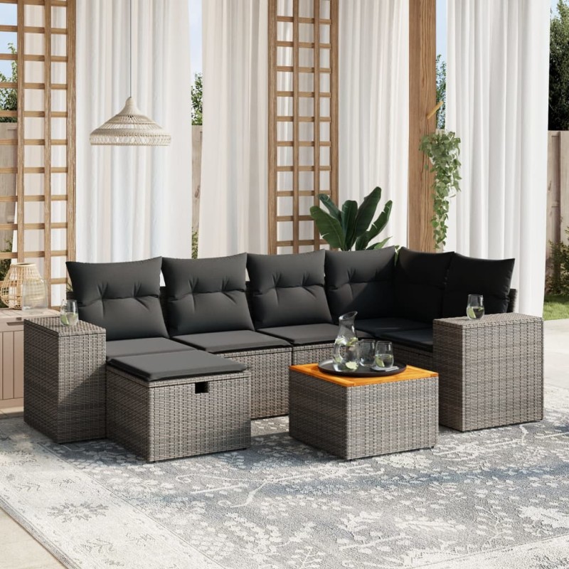 vidaXL Set de sofás de jardín 7 piezas con cojines ratán PE gris vidaXL Set de sofás de jardín 7 piezas con cojines ratán PE gris