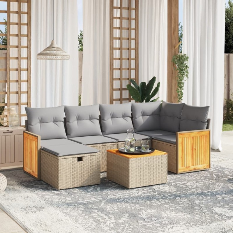 vidaXL Juego de sofás jardín con cojines beige mezcla 7 pzas ratán PE vidaXL Juego de sofás jardín con cojines beige mezcla 7 pzas ratán PE