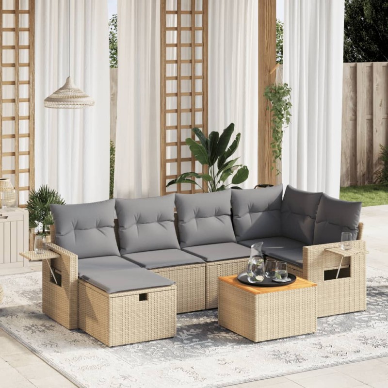 vidaXL Juego de sofás jardín con cojines beige mezcla 7 pzas ratán PE vidaXL Juego de sofás jardín con cojines beige mezcla 7 pzas ratán PE