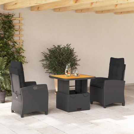vidaXL Set comedor de jardín 3 pzas con cojines ratán sintético negro