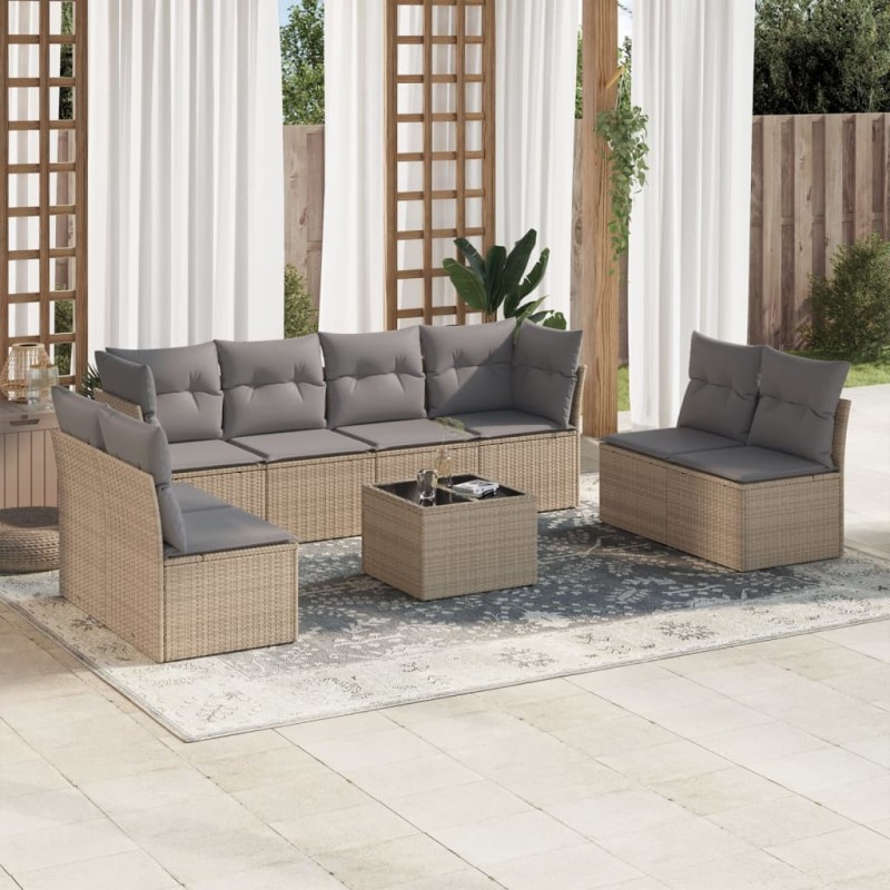 vidaXL Set de sofás de jardín 9 pzas con cojines ratán sintético beige vidaXL Set de sofás de jardín 9 pzas con cojines ratán sintético beige