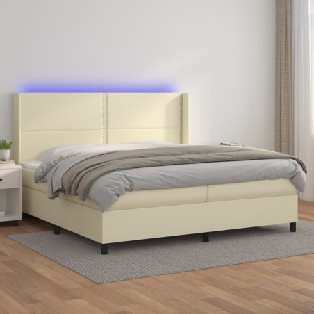 vidaXL Cama box spring colchón y LED cuero sintético crema 200x200 cm