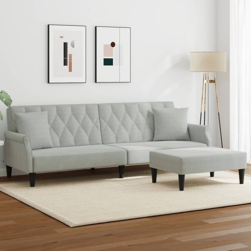 vidaXL Sofá cama 2 plazas con almohadas taburete terciopelo gris claro vidaXL Sofá cama 2 plazas con almohadas taburete terciopelo gris claro