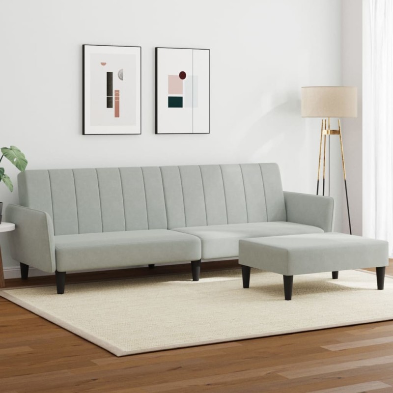 vidaXL Sofá cama de 2 plazas con taburete terciopelo gris claro vidaXL Sofá cama de 2 plazas con taburete terciopelo gris claro