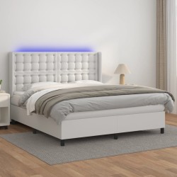vidaXL Cama box spring colchón y LED cuero sintético blanco 180x200 cm