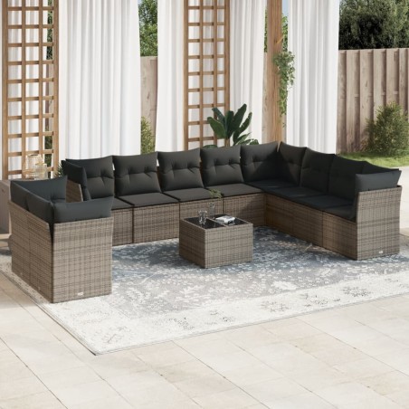 vidaXL Set de sofás de jardín 11 pzas y cojines ratán sintético gris