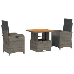 vidaXL Set comedor de jardín 3 piezas con cojines ratán sintético gris