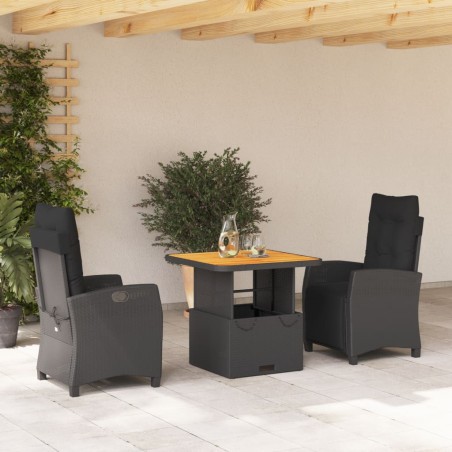 vidaXL Set comedor de jardín 3 pzas con cojines ratán sintético negro
