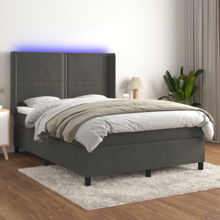 vidaXL Cama box spring colchón y LED terciopelo gris oscuro 140x200 cm