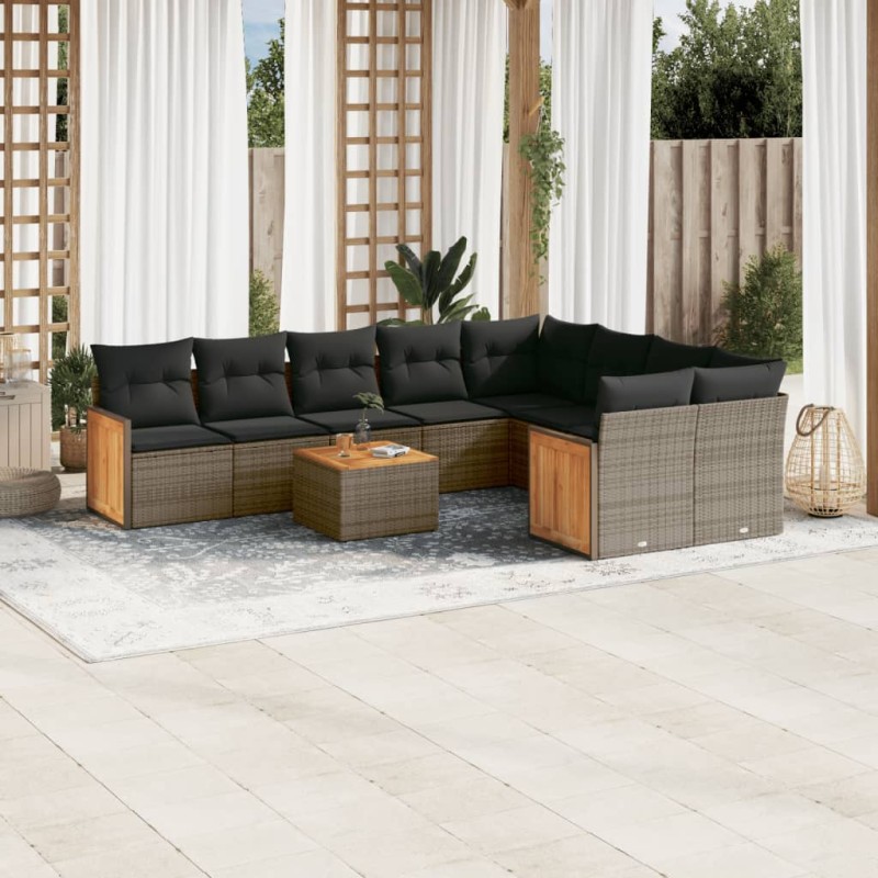 vidaXL Set de sofás de jardín 10 pzas con cojines ratán sintético gris vidaXL Set de sofás de jardín 10 pzas con cojines ratán sintético gris