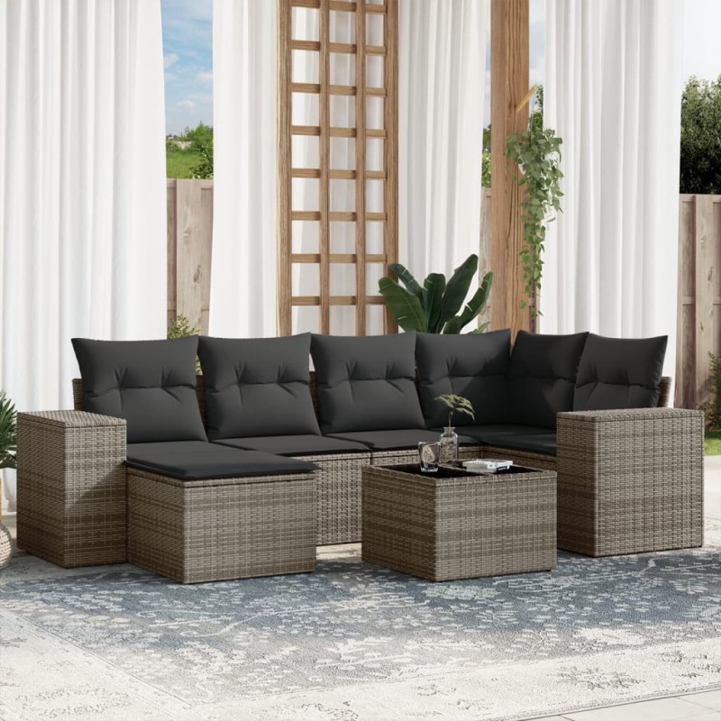 vidaXL Set de sofás de jardín 7 piezas con cojines ratán PE gris vidaXL Set de sofás de jardín 7 piezas con cojines ratán PE gris