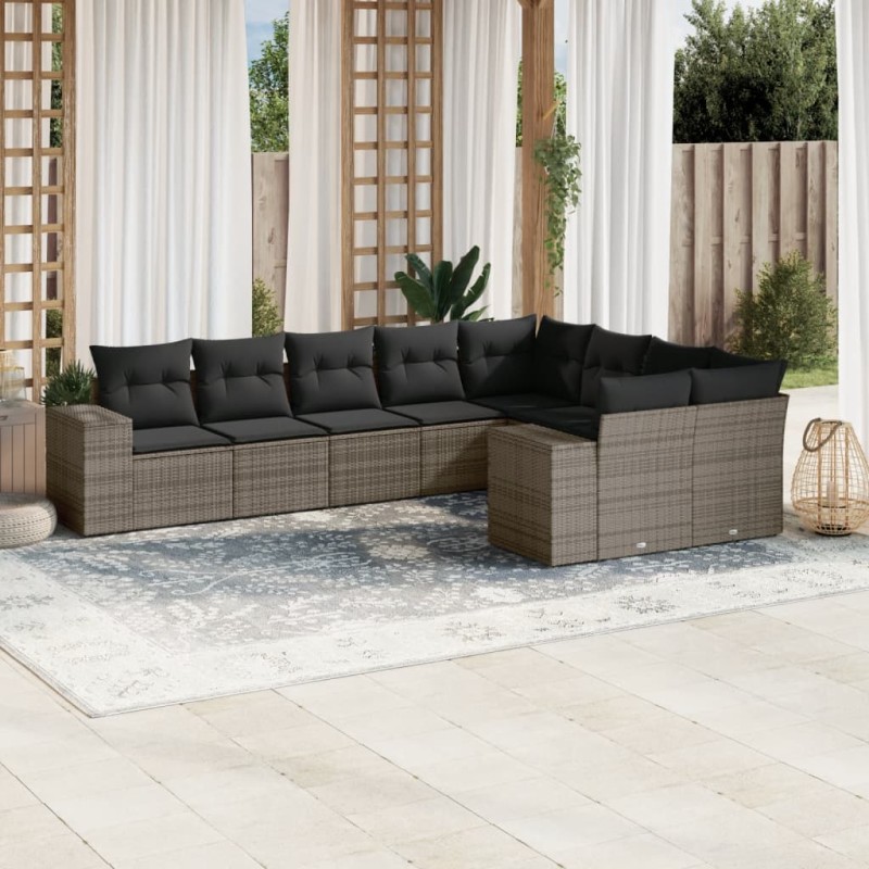 vidaXL Set de muebles de jardín 9 pzas y cojines ratán sintético gris vidaXL Set de muebles de jardín 9 pzas y cojines ratán sintético gris