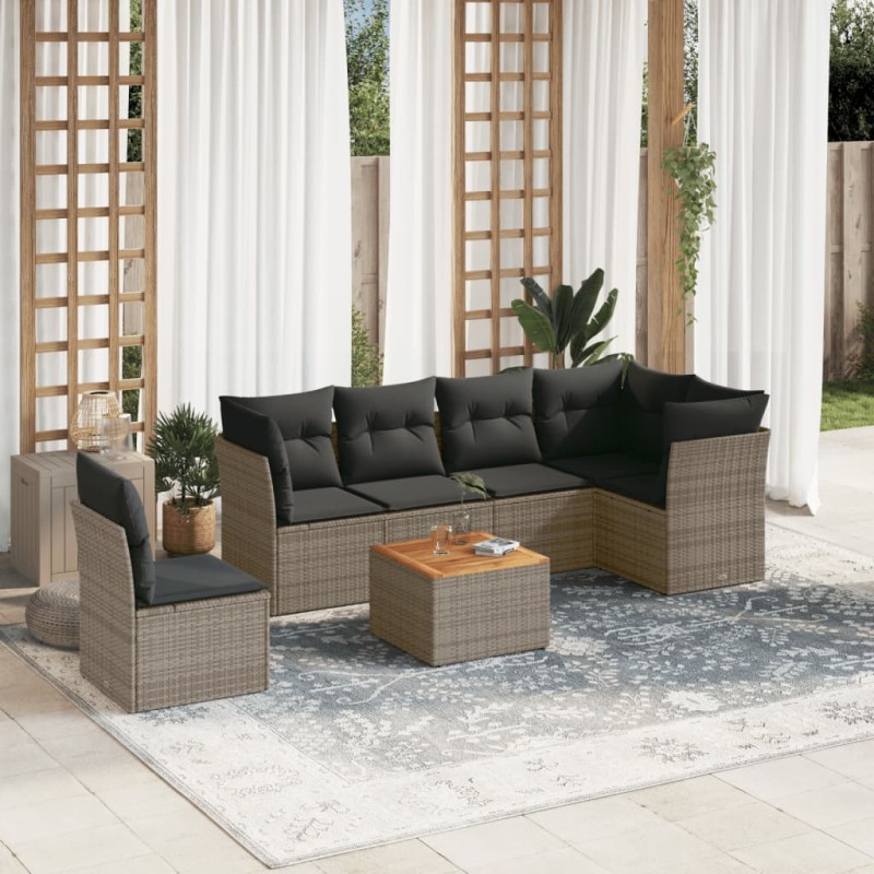 vidaXL Set de sofás de jardín 7 piezas con cojines ratán PE gris vidaXL Set de sofás de jardín 7 piezas con cojines ratán PE gris