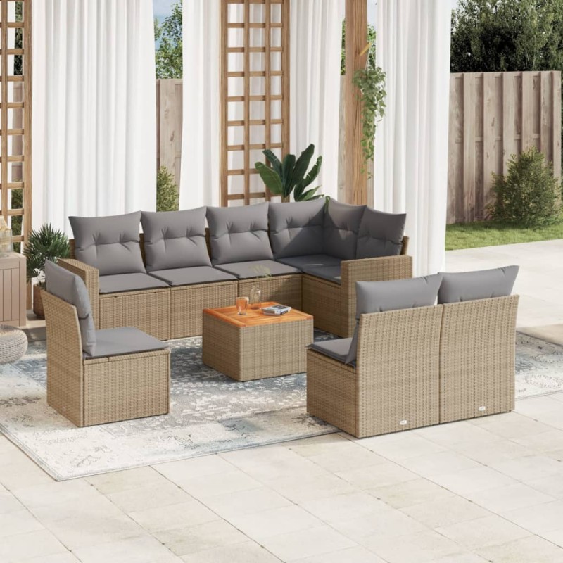 vidaXL Juego de sofás jardín con cojines beige mezcla 9 pzas ratán PE vidaXL Juego de sofás jardín con cojines beige mezcla 9 pzas ratán PE