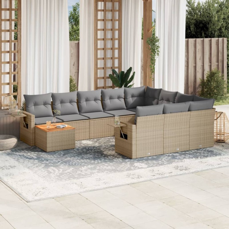 vidaXL Juego de sofás jardín con cojines beige mezcla 11 pzas ratán PE