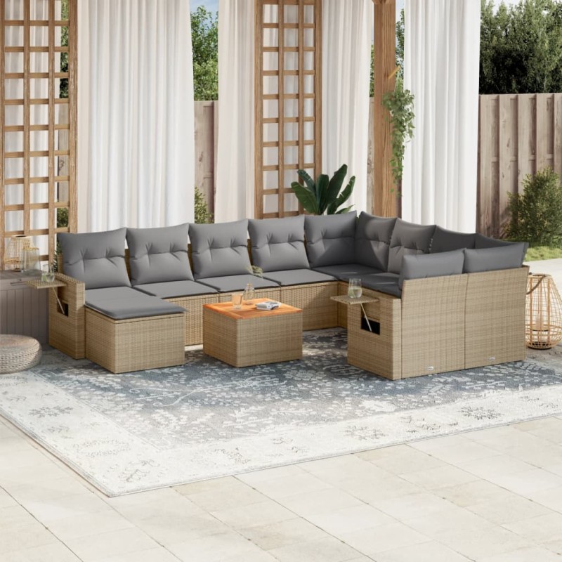 vidaXL Juego de sofás jardín con cojines beige mezcla 11 pzas ratán PE