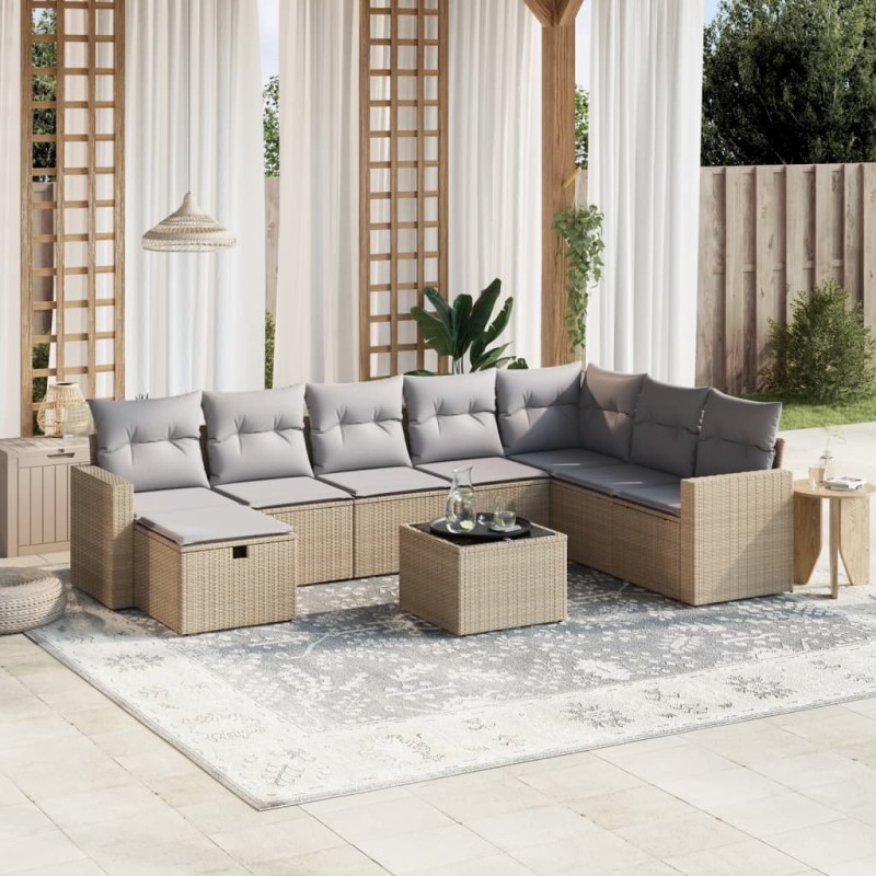 vidaXL Juego de sofás jardín con cojines beige mezcla 9 pzas ratán PE vidaXL Juego de sofás jardín con cojines beige mezcla 9 pzas ratán PE