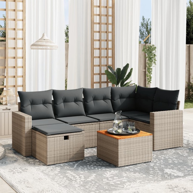 vidaXL Set de sofás de jardín 7 piezas con cojines ratán PE gris vidaXL Set de sofás de jardín 7 piezas con cojines ratán PE gris