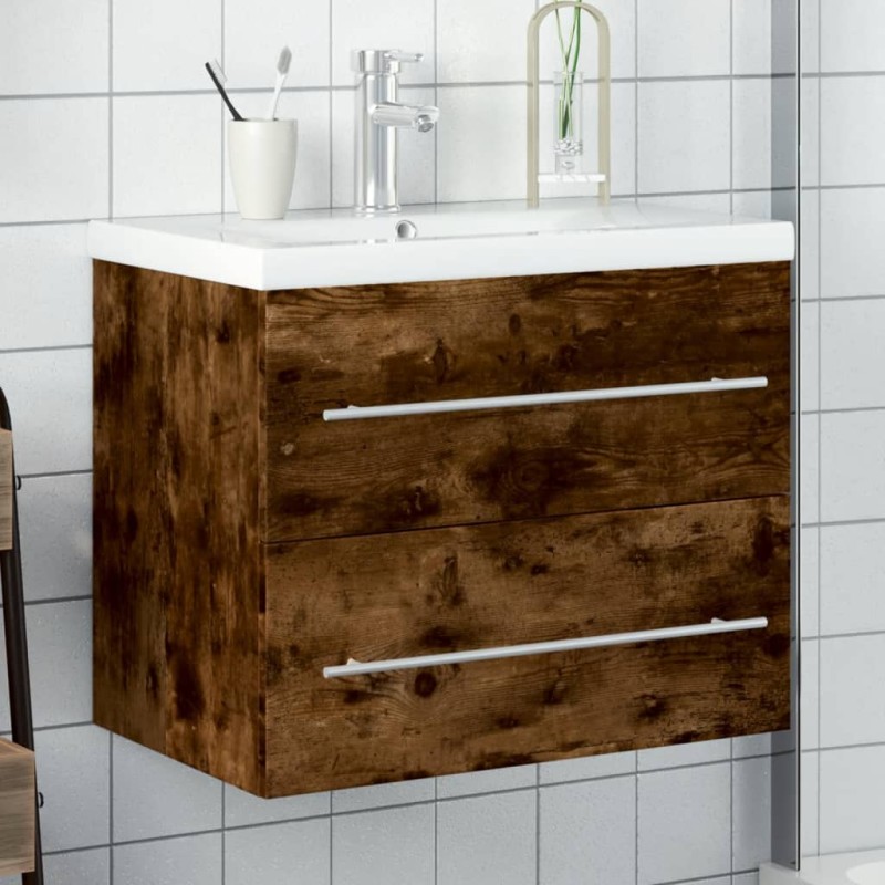 vidaXL Mueble de baño con lavabo integrado roble ahumado vidaXL Mueble de baño con lavabo integrado roble ahumado