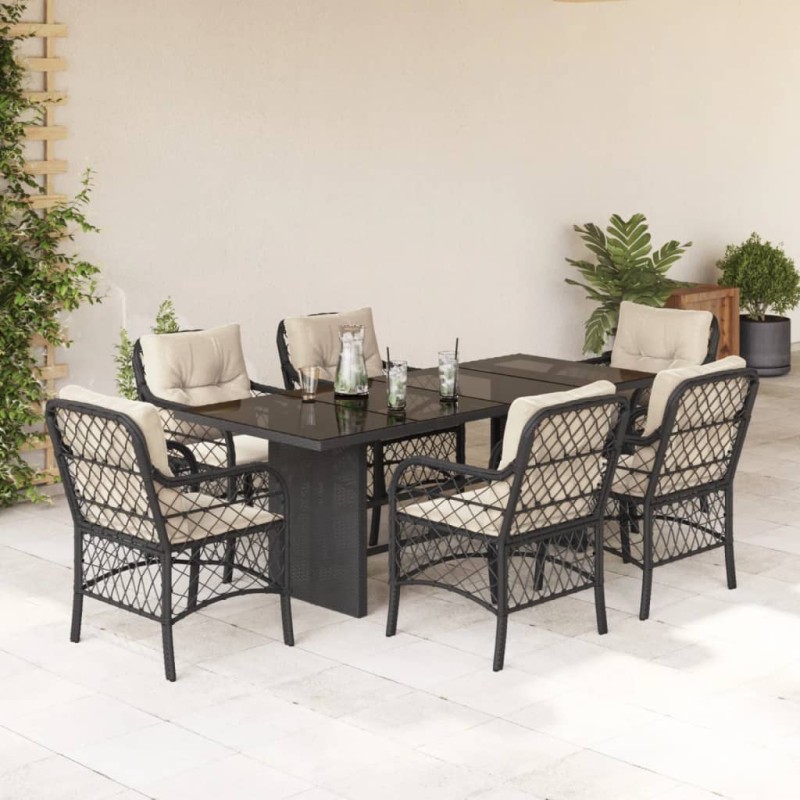 vidaXL Set de comedor de jardín 7 pzas y cojines ratán sintético negro vidaXL Set de comedor de jardín 7 pzas y cojines ratán sintético negro