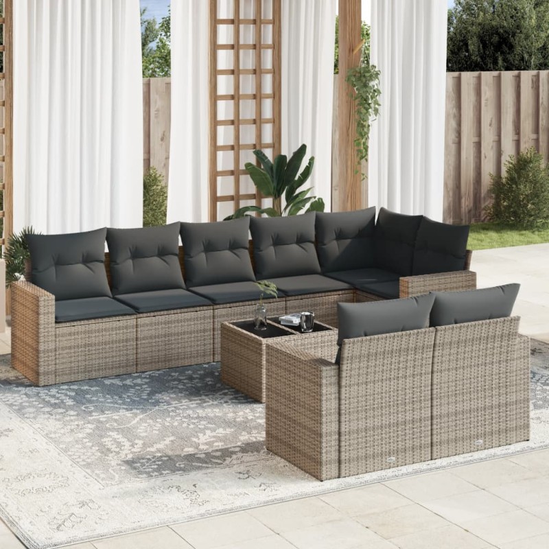 vidaXL Set de muebles de jardín 9 pzas y cojines ratán sintético gris vidaXL Set de muebles de jardín 9 pzas y cojines ratán sintético gris