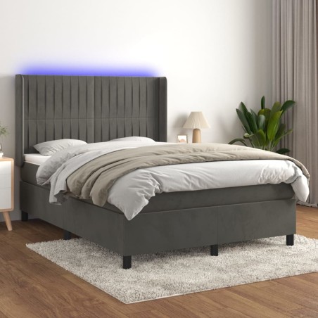 vidaXL Cama box spring colchón y LED terciopelo gris oscuro 140x190 cm