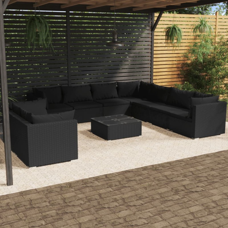 vidaXL Set de muebles de jardín 10 pzas cojines ratán sintético negro vidaXL Set de muebles de jardín 10 pzas cojines ratán sintético negro