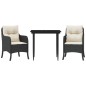 vidaXL Set comedor de jardín 3 pzas con cojines ratán sintético negro