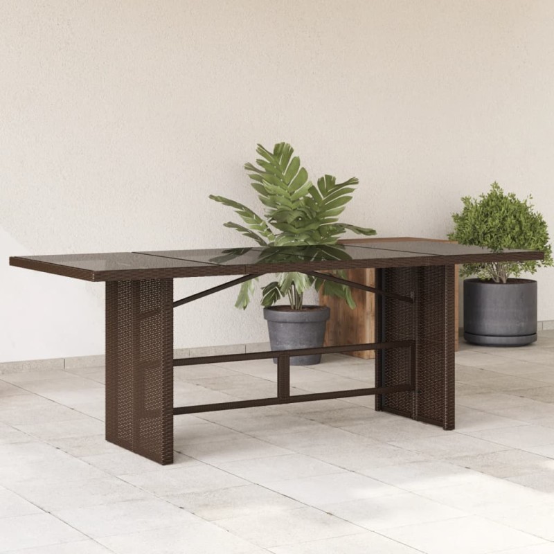vidaXL Mesa de jardín superficie de vidrio ratán PE marrón 190x80x74cm vidaXL Mesa de jardín superficie de vidrio ratán PE marrón 190x80x74cm