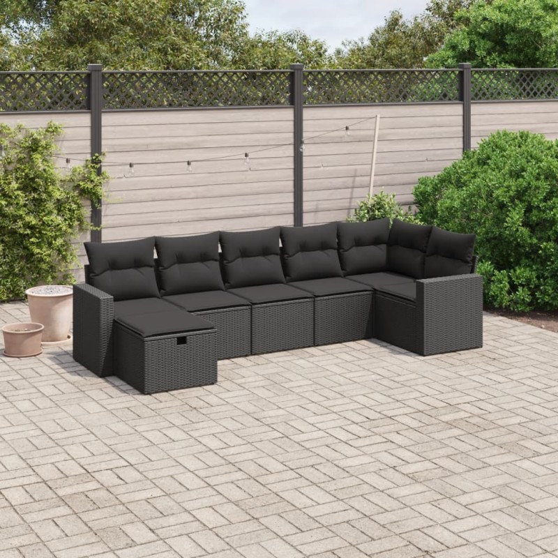 vidaXL Set de comedor de jardín 7 pzas y cojines ratán sintético negro