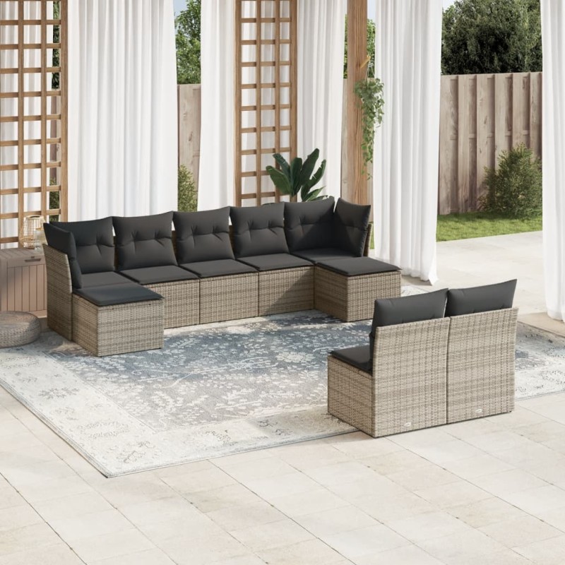vidaXL Set de muebles de jardín 9 pzas y cojines ratán sintético gris vidaXL Set de muebles de jardín 9 pzas y cojines ratán sintético gris