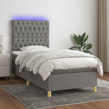 vidaXL Cama box spring colchón y luces LED tela gris oscuro 100x200 cm