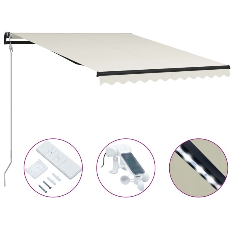 vidaXL Toldo retráctil sensor de viento y LED color crema 300x250 cm vidaXL Toldo retráctil sensor de viento y LED color crema 300x250 cm