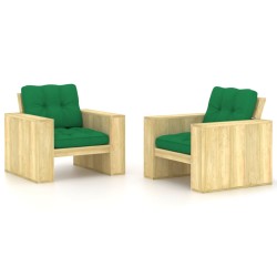 vidaXL Sillas de jardín cojines 2 uds verde madera de pino impregnada