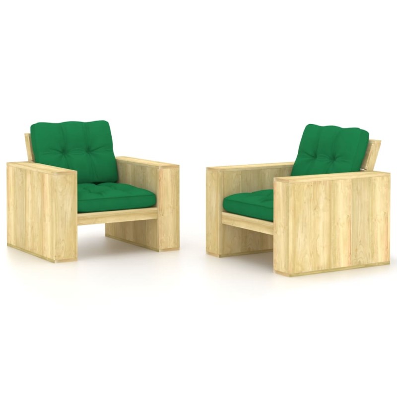vidaXL Sillas de jardín cojines 2 uds verde madera de pino impregnada