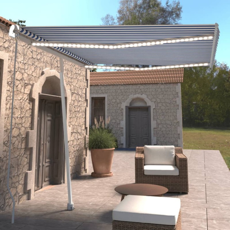 vidaXL Toldo manual retráctil con luz LED azul y blanco 300x250 cm vidaXL Toldo manual retráctil con luz LED azul y blanco 300x250 cm