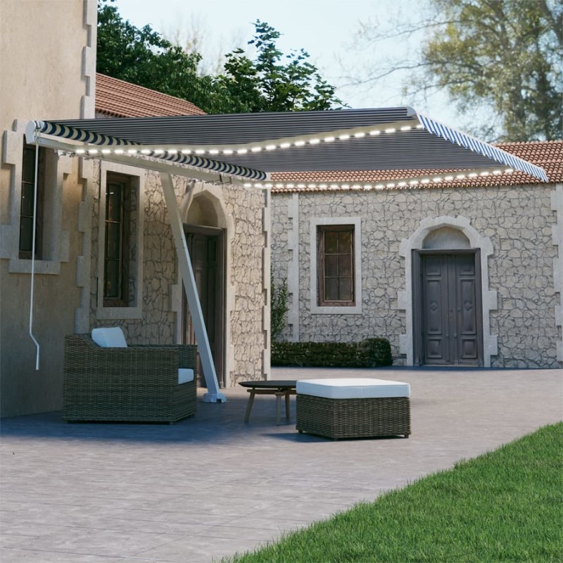 vidaXL Toldo retráctil manual con LED azul y blanco 400x300 cm vidaXL Toldo retráctil manual con LED azul y blanco 400x300 cm