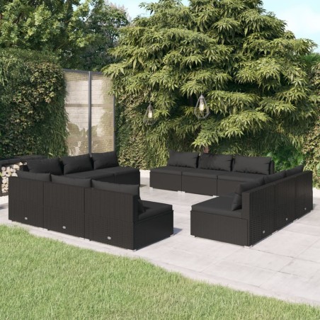 vidaXL Set de sofás de jardín 12 pzas cojines ratán sintético negro