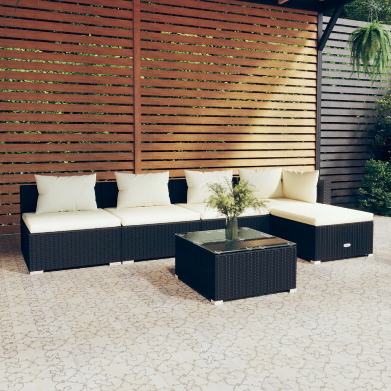 vidaXL Set de muebles de jardín 6 pzas y cojines ratán sintético negro vidaXL Set de muebles de jardín 6 pzas y cojines ratán sintético negro