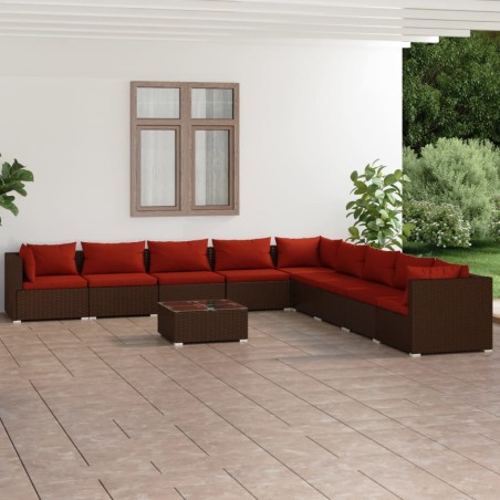 vidaXL Set muebles de jardín 10 pzas y cojines ratán sintético marrón
