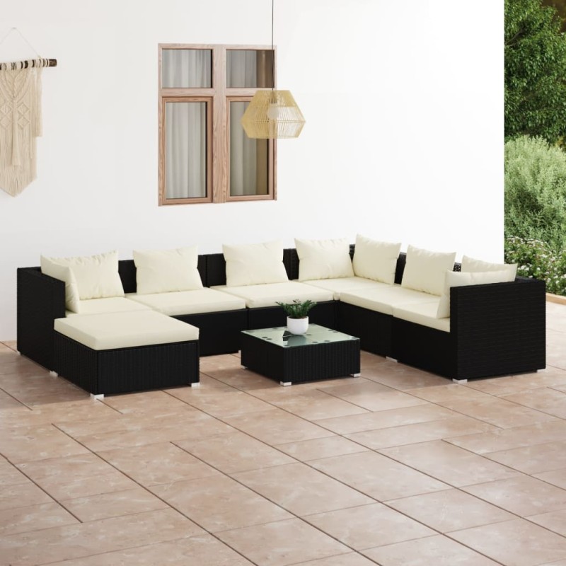 vidaXL Set de muebles de jardín 8 pzas y cojines ratán sintético negro vidaXL Set de muebles de jardín 8 pzas y cojines ratán sintético negro