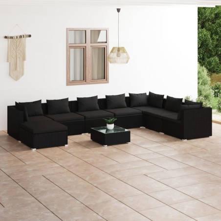 vidaXL Set de muebles de jardín 9 pzas y cojines ratán sintético negro
