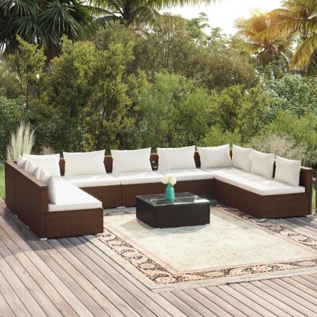 vidaXL Set muebles de jardín 10 pzas y cojines ratán sintético marrón