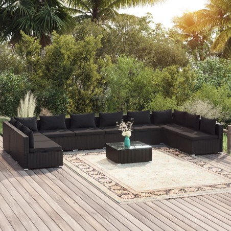 vidaXL Set muebles de jardín 11 pzas y cojines ratán sintético negro
